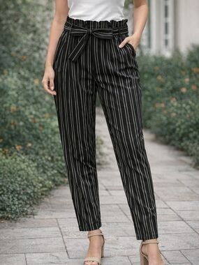 Striped Paperbag Waist Trousers - Black